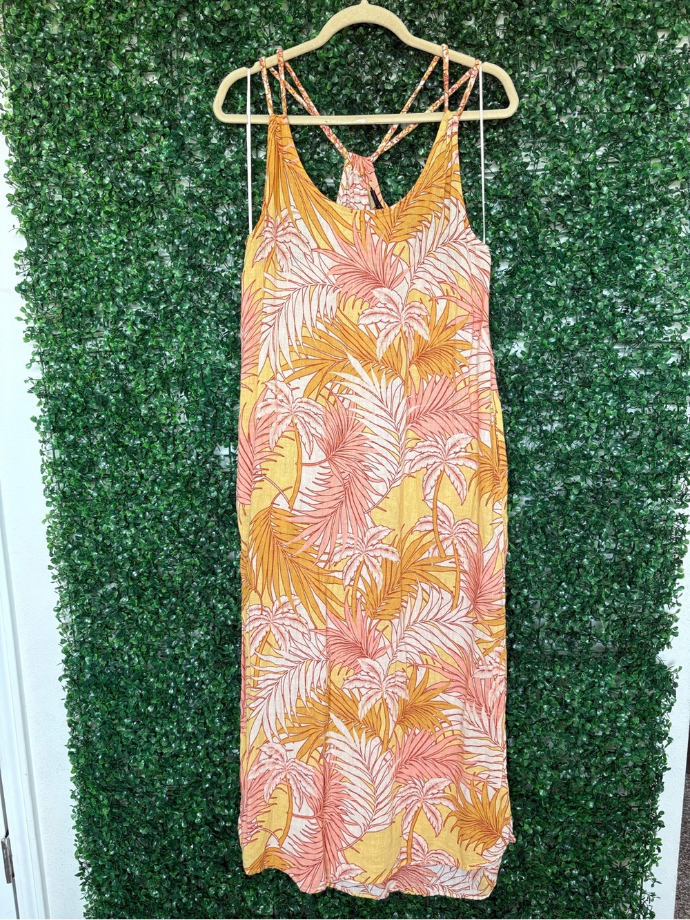 Tahari Yellow and Pink Palm-Print Maxi Dress